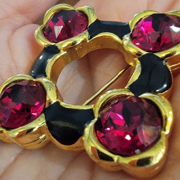 #Vintage Signed #Monet #Brooch Garnet Ruby Stones Golden Black Enamel Excellent - Picture 6 of 6